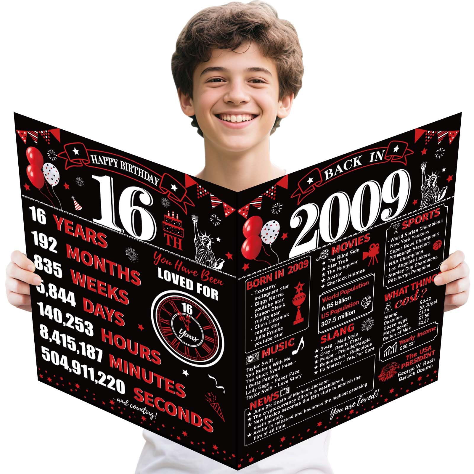 Zirtorei Large 16th Birthday Card With Envelope for Boys Girls, Red Black Happy 16th Birthday Giant Guest Book, Big 16 Greeting 