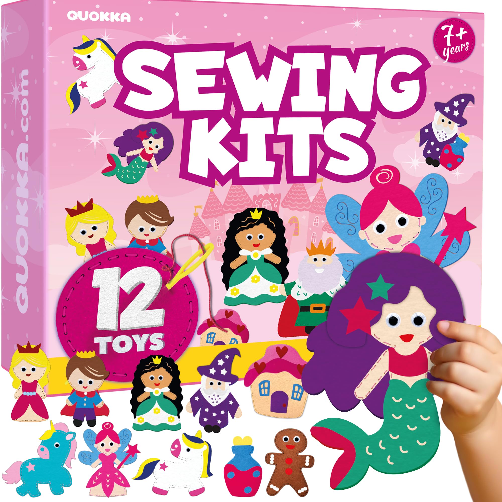 QUOKKA Kids Crafts Ages 7-8, DIY Beginner Needle and Thread Kit - 12 Fairy Tale Sewing Kit Basic - Fun Arts Crafts for Kids Ages