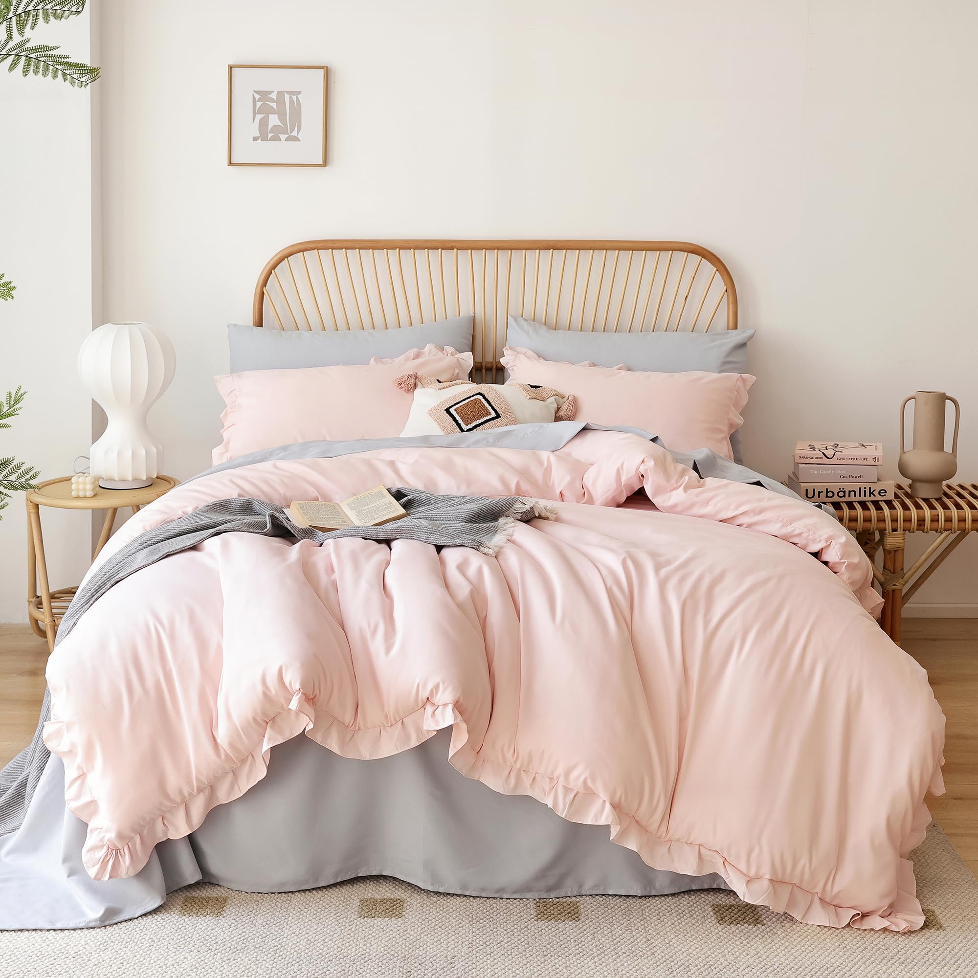 JANZAA Pink Comforter Set Queen Comforter Set 3PCS (1 Ruffled Blush Comforter and 2 Pillowcases) Vintage Shabby Chic Bedding Sof