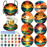 Reallnaive 8 Pcs Beach Paint by Numbers Kit for Adults Summer Coastal Coasters with Holder Palm Trees Sunset Mini Paint by Numbe