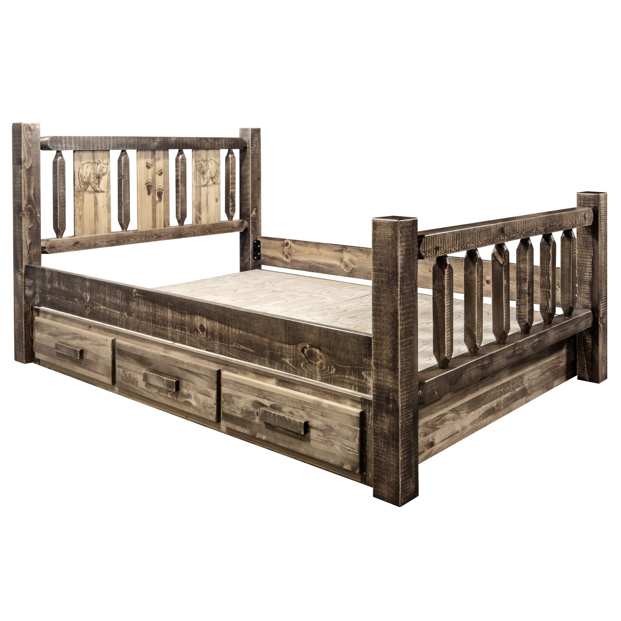 Montana Woodworks Homestead Collection Twin Storage Bed With Laser Engraved Bear Design, Stain & Clear Lacquer Finish