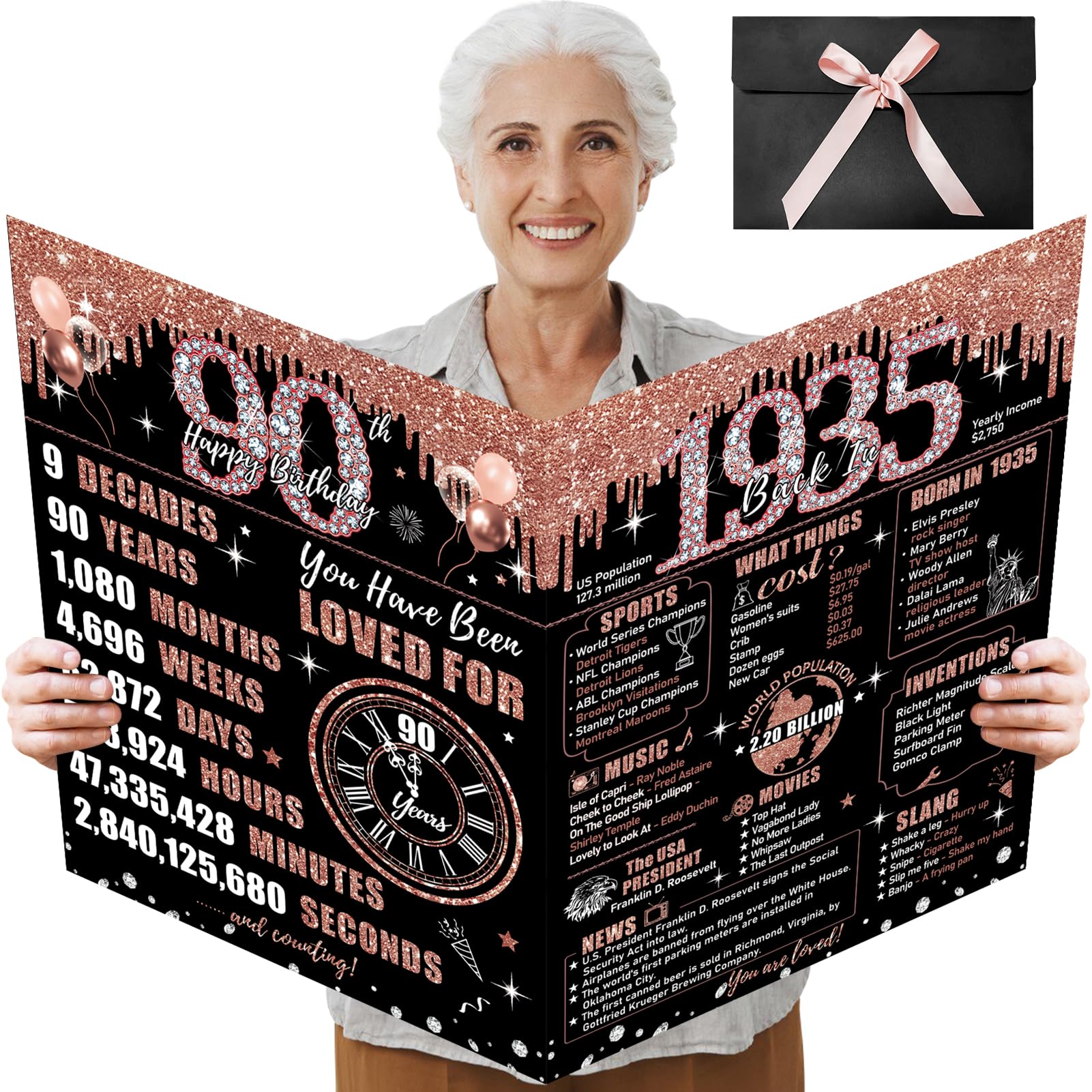 Uiorgui Large 90th Birthday Card for Women with Envelope, Black Rose Gold Happy 90th Birthday Guest Book Gifts Jumbo Ninety Gree