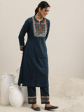 Libas Womens Yoke Design Wool Straight Kurta With Trousers And Dupatta Blue Xxxl