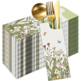 Whaline 100 Pcs Wildflower Paper Silverware Bags Cutlery Holders Vintage Floral Utensil Disposable Paper Bag Pocket for Spring P