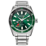 Citizen EcoDrive Mens Disney Mickey Mouse Tee Time Stainless Steel Watch, Green Dial, 3Hand Date, Luminous, 43mm (Model: AW