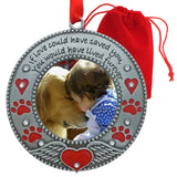 Pet Memorial Photo Ornament - Dog or Cat - Enameled & Jeweled with Red Hearts, Angel Wings & Paw Prints - Gift/Storage Bag Inclu