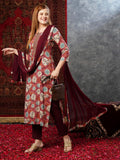 Anni Designer Women'S Cotton Blend Straight Printed Kurta With Pant & Dupatta (Tashi Wine-Jb_Xl_Wine_X-Large),Wine,XL,,,