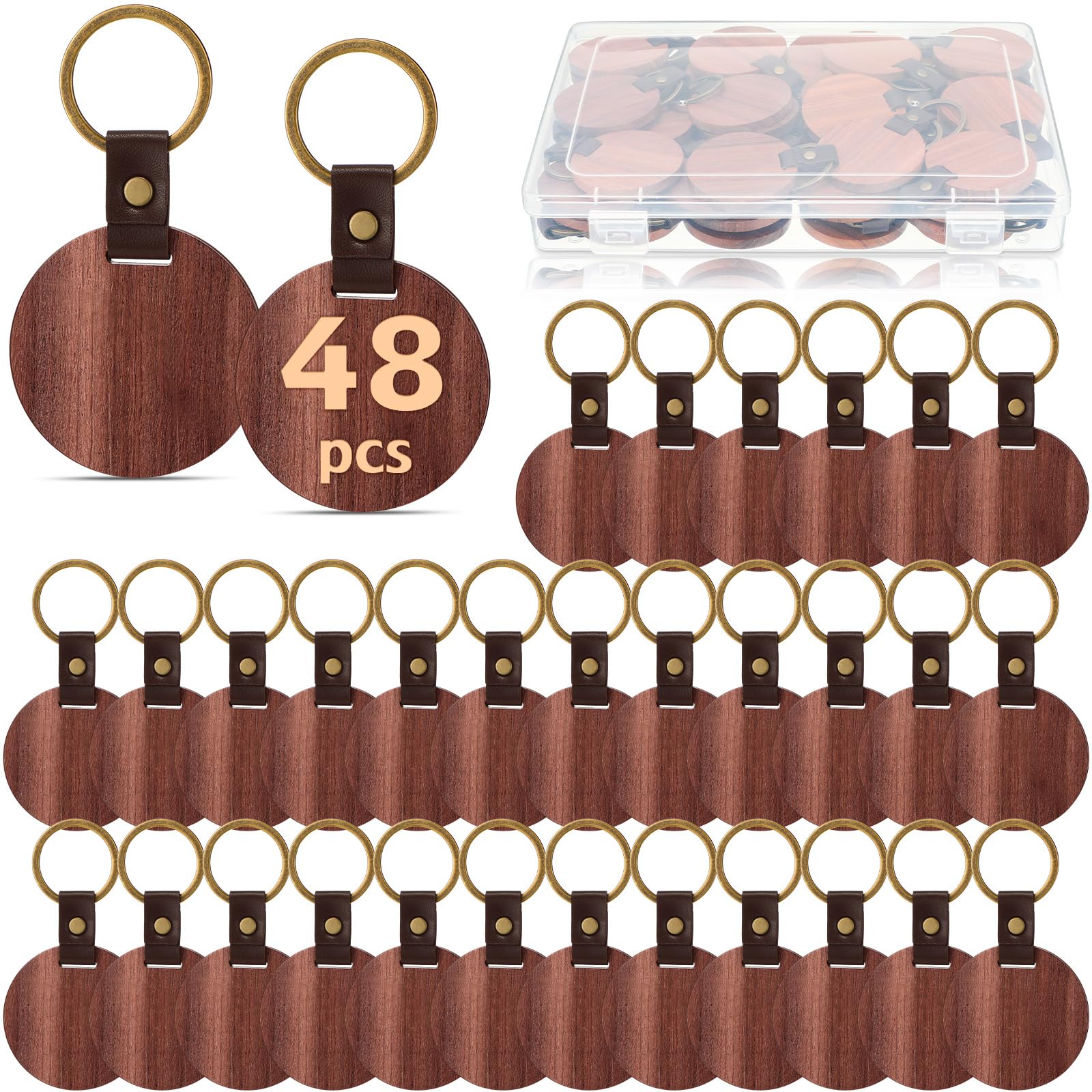 Ecally 48 Pcs Wood Keychain Blanks with Leather Strap 2 Inch Round Unfinished Wood Keyring Gifts for DIY Craft Christmas