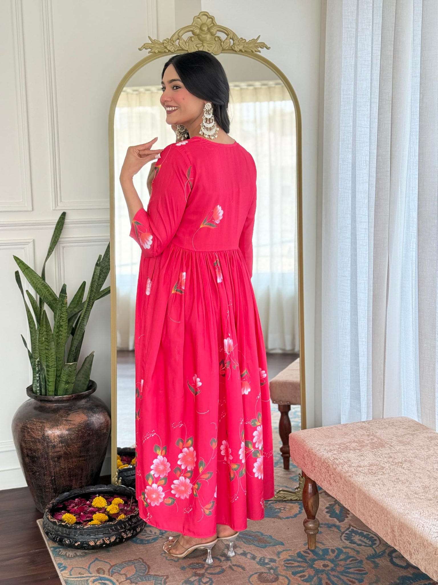 Anni Designer Women'S Rayon Viscose Printed Anarkali Kurta With Pant & Dupatta (Dilruba Rani-Vks01_S_Pink_Small),Pink,S,Rayon,Anarkali,