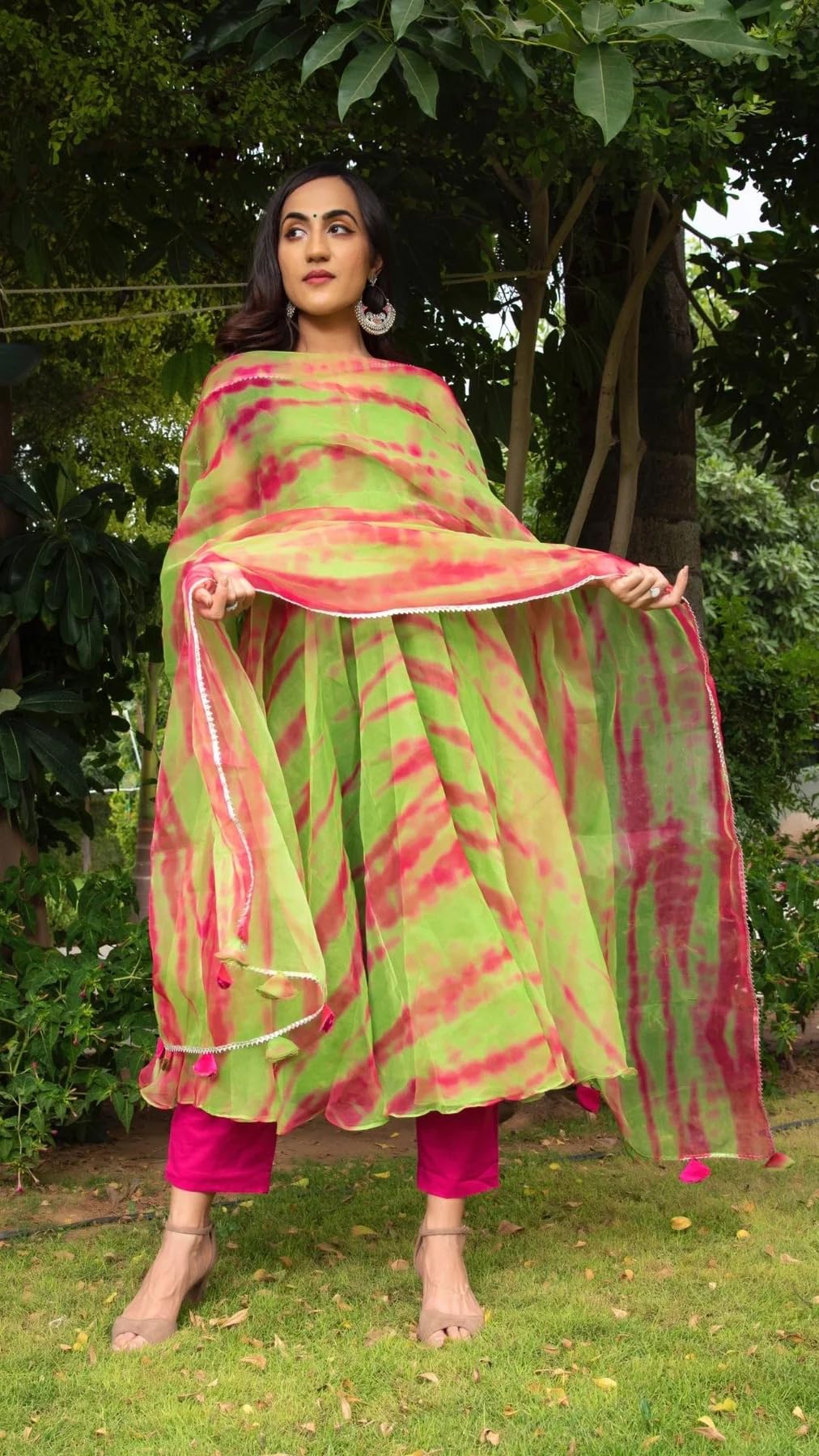 Anni Designer Women'S Cotton Blend Anarkali Printed Kurta With Pant & Dupatta (Boho-Mehandi_Xxl_Green_Xx-Large),Green,2XL,Cotton Blend,Regular,