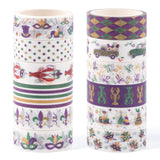 BkeeCten Mardi Gras Washi Tape - 12 Rolls Waterproof Residue Free Adhesive with Masks Crowns Beads in Traditional Purple Green G
