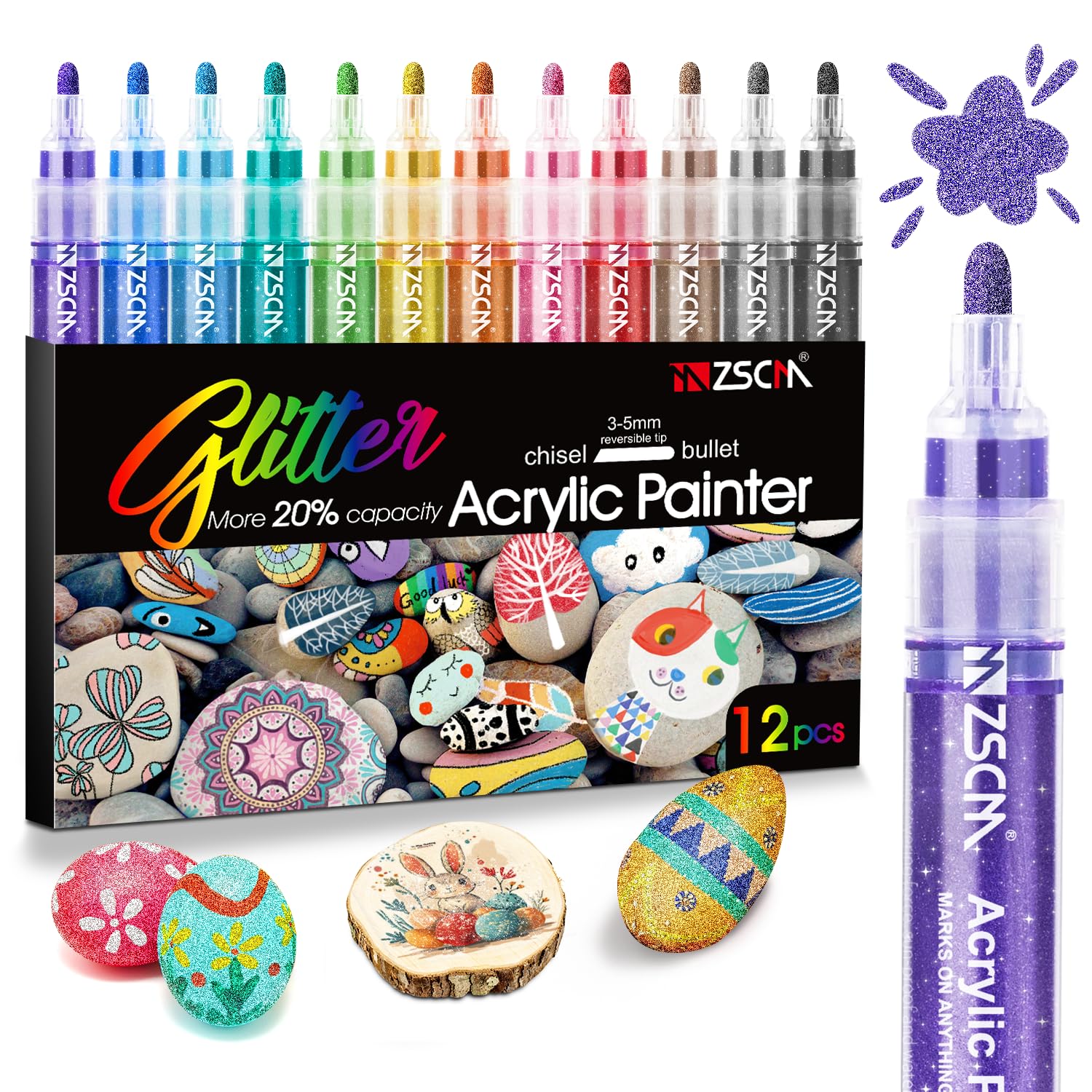ZSCM Large Acrylic Glitter Markers Pen, 12 Colors Stocking Stuffers for een Girl Gifts, Metallic Shimmer Markers for Doodle Writ