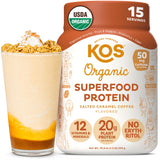 KOS Vegan Protein Powder, Salted Caramel Coffee - Low Carb Pea Protein Blend, Organic Plant Superfood Rich in Vitamins & Mineral