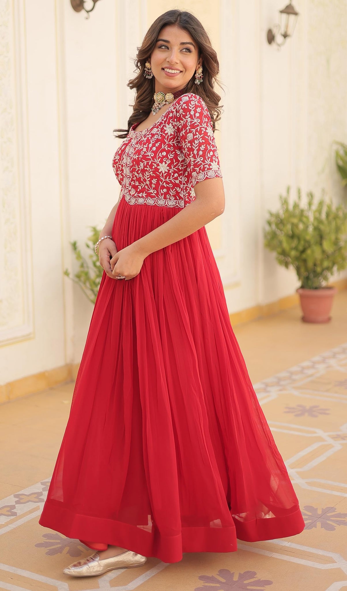 Fashion Basket Georgette Embroidered Anarkali Gown For Women Red L