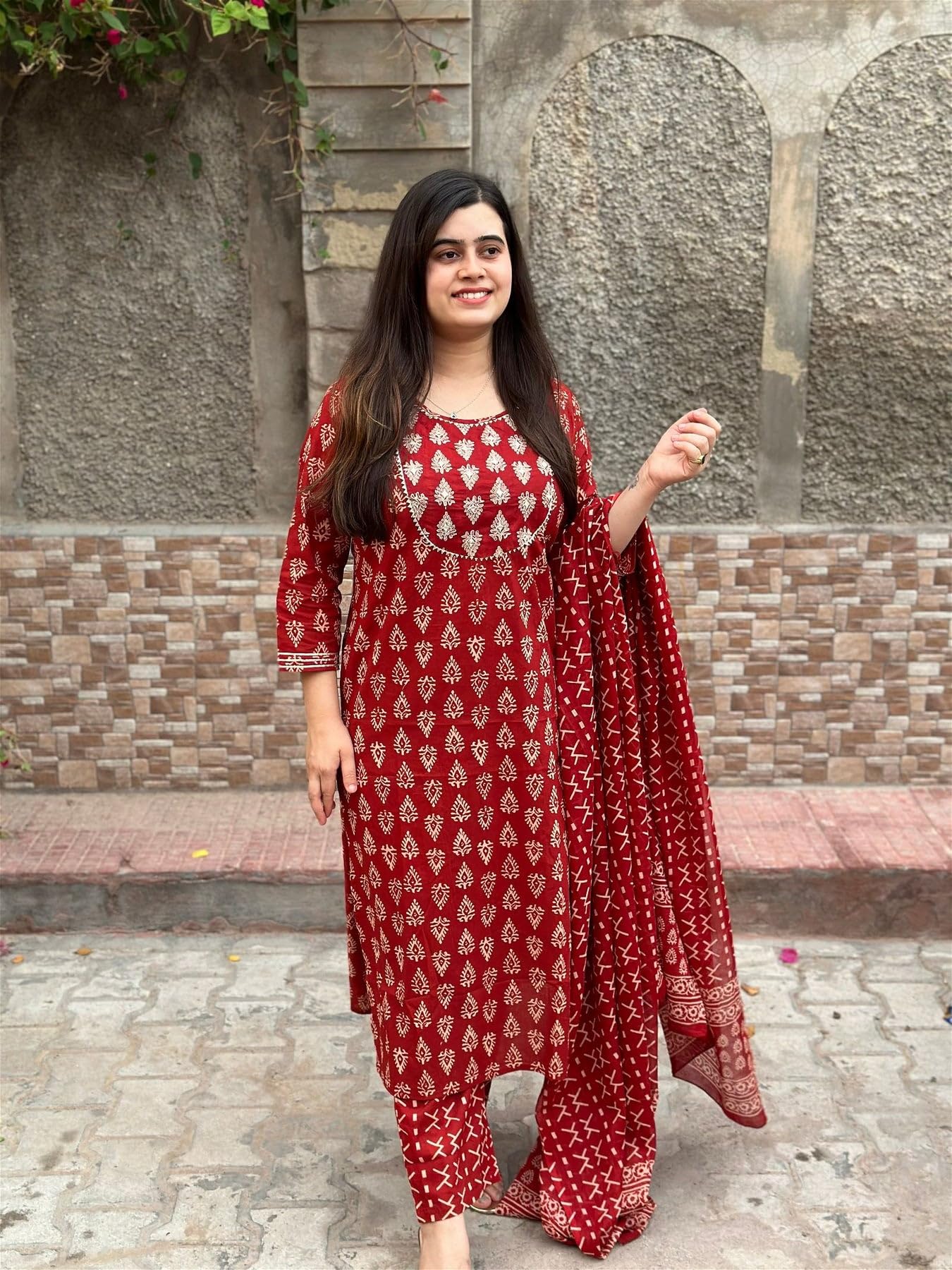 Gosriki Women'S Rayon Blend Printed Straight Kurta With Pant & Dupatta (Mau Red-Gs_L_Red_Large),Red,,B0D9YTT3ND