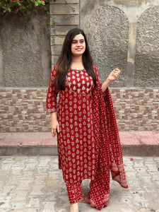 Gosriki Women'S Rayon Blend Printed Straight Kurta With Pant & Dupatta (Mau Red-Gs_L_Red_Large),Red,,B0D9YTT3ND