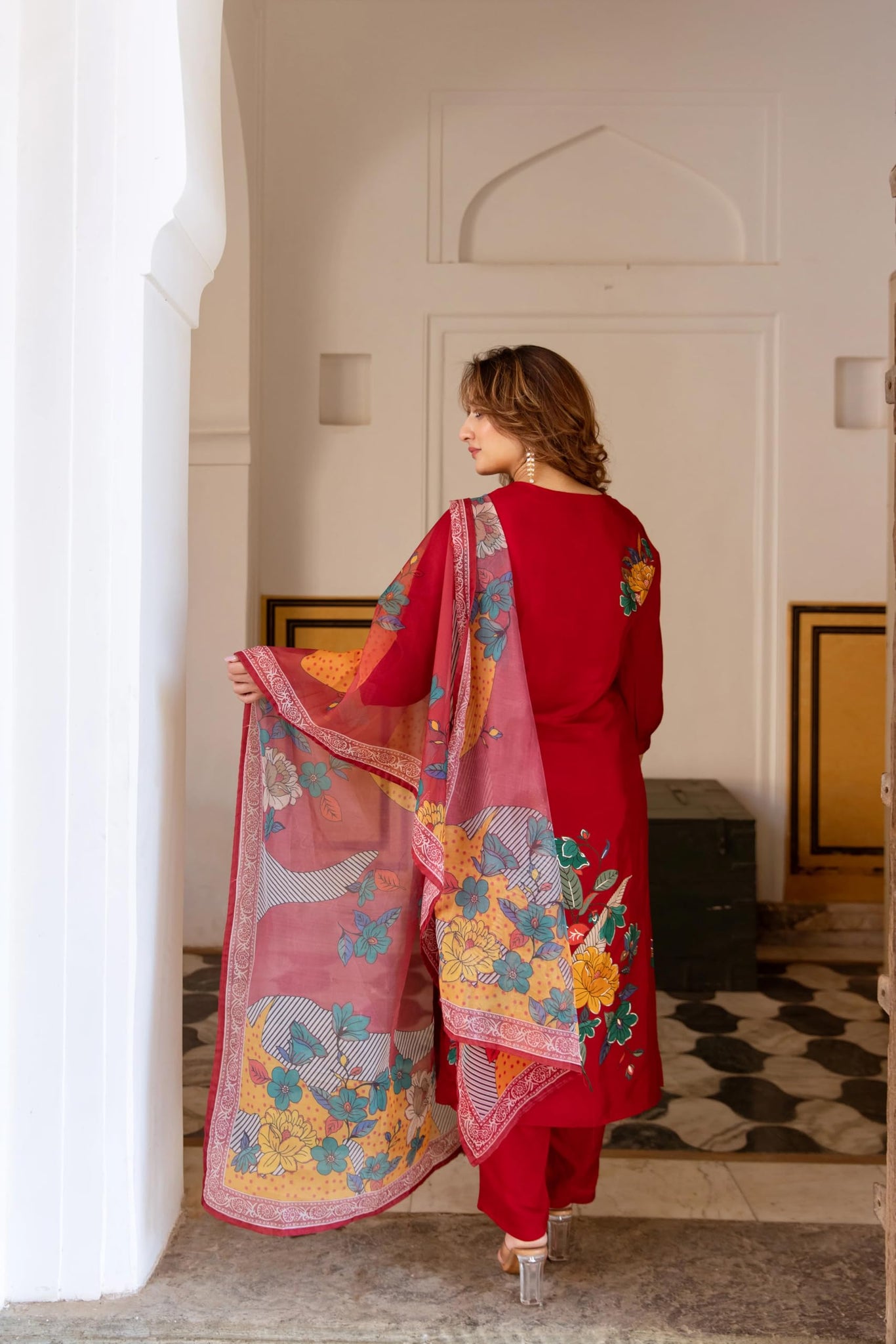 Anni Designer Women'S Rayon Viscose Straight Printed Kurta With Pant & Dupatta (Uranchu Red_S_Red_Small),Red,S,Rayon,Regular,