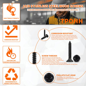100 PCS #8 X 3/4 inch Black Oxide Coated Flat Head Phillips Wood Screws, Stainless Steel 18-8 (A2) Fully Threaded 8 X 3/4'' Self
