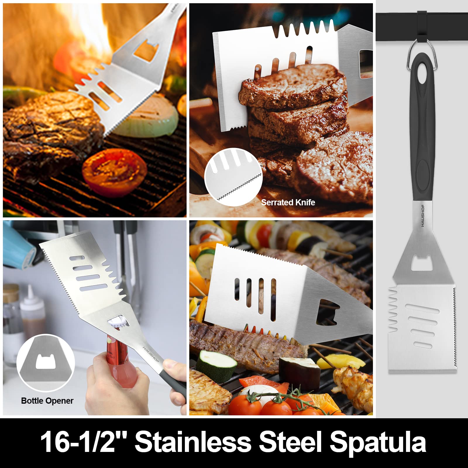 HAUSHOF Large Grilling Accessories, BBQ Grill Set, Heavy Duty Stainless Steel Barbecue Utensils with 16-1/2 Spatula, Brush, Fo