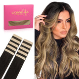 WENNALIFE Tape in Hair Extensions Human Hair Dark Brown to Chestnut Brown and Dirty Blonde Highlighted Tape in Extensions, 10pcs