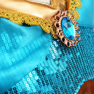 Princess Jasmine Costume Dress Up Clothes Fancy Sequined Arabian Outfit Attire with Tiara Wand Gloves Accessories Set for Little