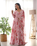 Women Floral Print Anarkali Kurta With Pant And Dupatta (X-Large Light Pink),Light Pink,XL,Georgette,Anarkali,Kurta, Scarf