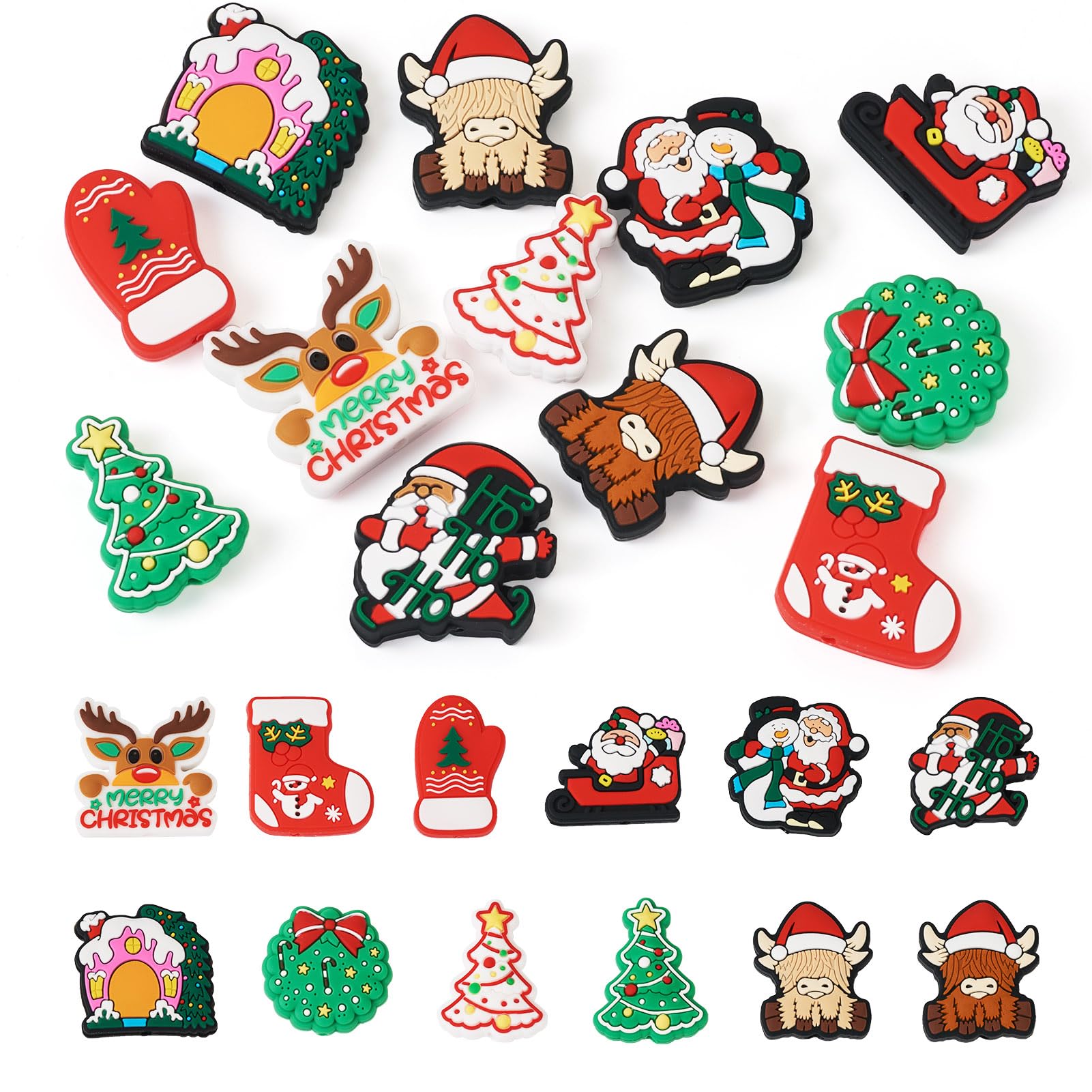 Boutigem 12Pcs Christmas Theme Silicone Focal Beads Christmas Tree Bell Snowman Cattle Deer Santa Claus Silicone Focal Beads Rub