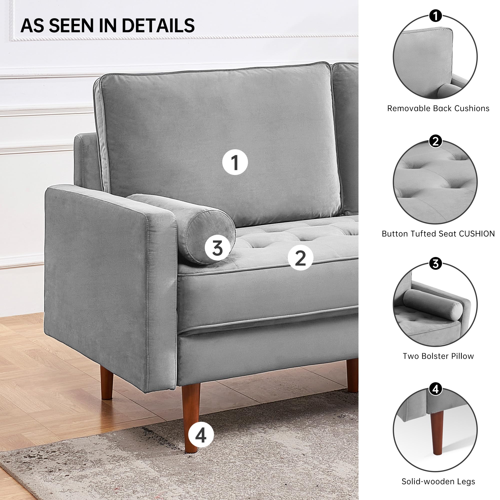 American Furniture Classics Grey 69 Inch Wide Upholstered Two Cushion Sofa With Bolster Pillows Velvet, 68' X 32' X 37'