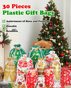 Christmas Gift Bags, 30pcs Christmas Bags for Gifts, Drawstring Christmas Gift Bags Assorted Sizes-Large, Medium, Small, Christm