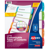 Avery 5 Tab Dividers for 3 Ring Binders, Customizable Table of Contents, Multicolor Tabs, 1 Set (11840)