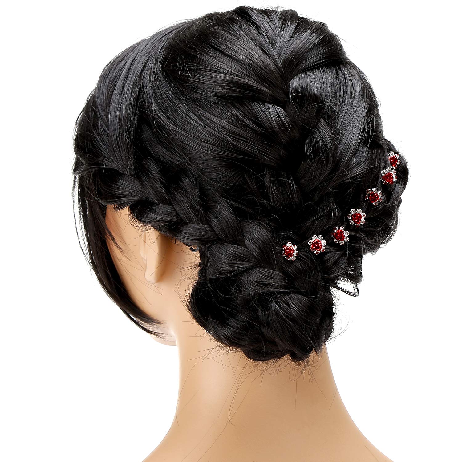 BETITETO 40 Pcs U-Shaped Flower Rhinestone Hair Pins Crystal Hair Accessories for Bridal Wedding Party Girls' Sweet Sixteen (Red