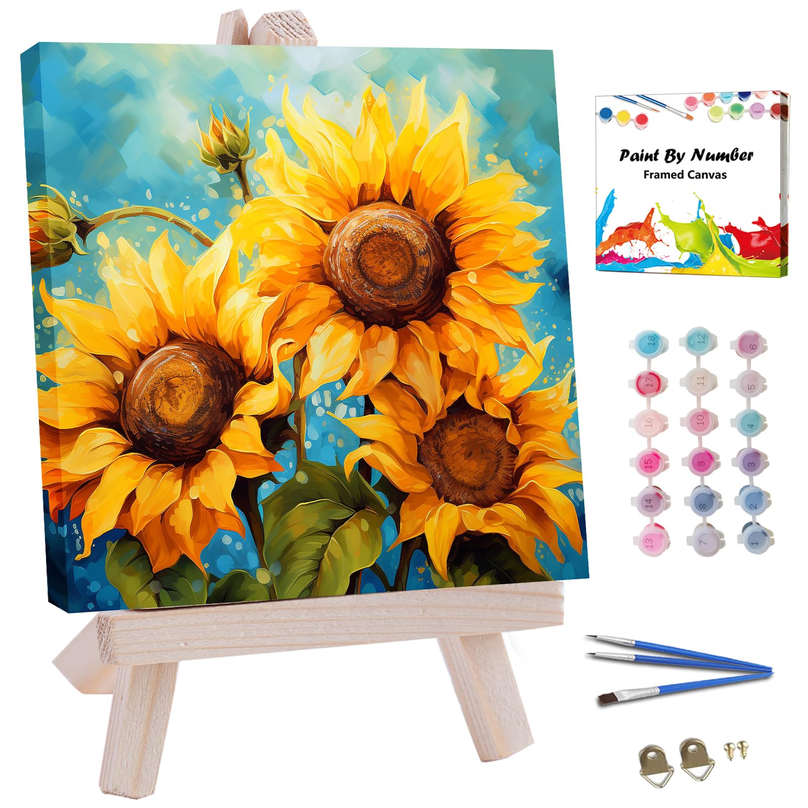 JUJUHOOD Sunflower Flower Framed Paint by Numbers Kit for Adults Beginner & Kids Ages 8-12, Acylic Paint by Number Without Easel