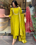 Anni Designer Women'S Silk Blend Straight Embroidered Kurta With Pant & Dupatta (Deluxe Orange_Xl_Orange_X-Large),Orange,XL,,,