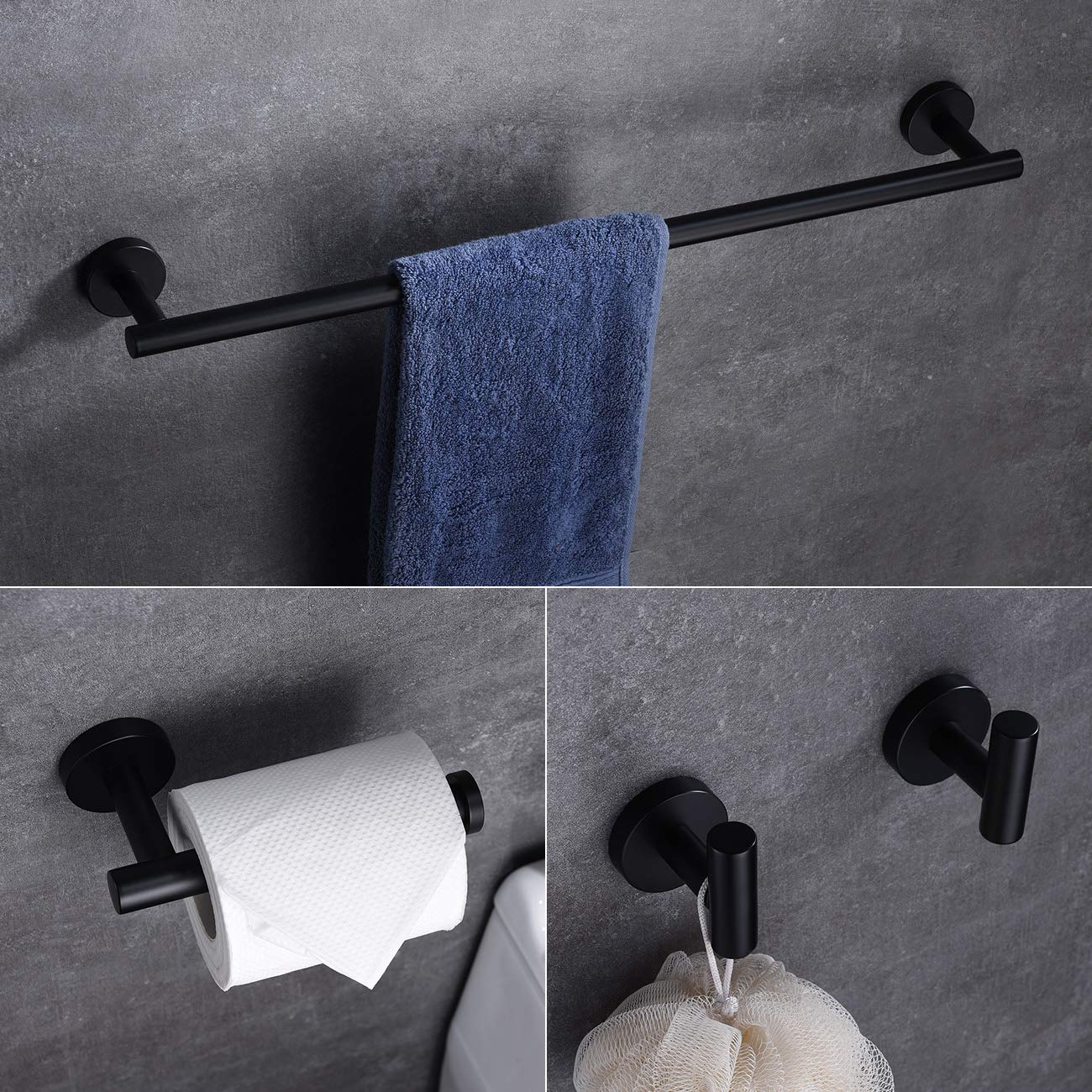 Hoooh Matte Black 4-Piece Bathroom Accessories Set Stainless Steel Wall Mount - Includes 24 Single Towel Bar, Toilet Paper Hol