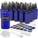 Nevlers Blue Glass Spray Bottles 4 Oz 24 Pack | Small Spray Bottles Mist Sprayer Set w/Shrink Wrap, Funnel, Brush, Marker & Labe