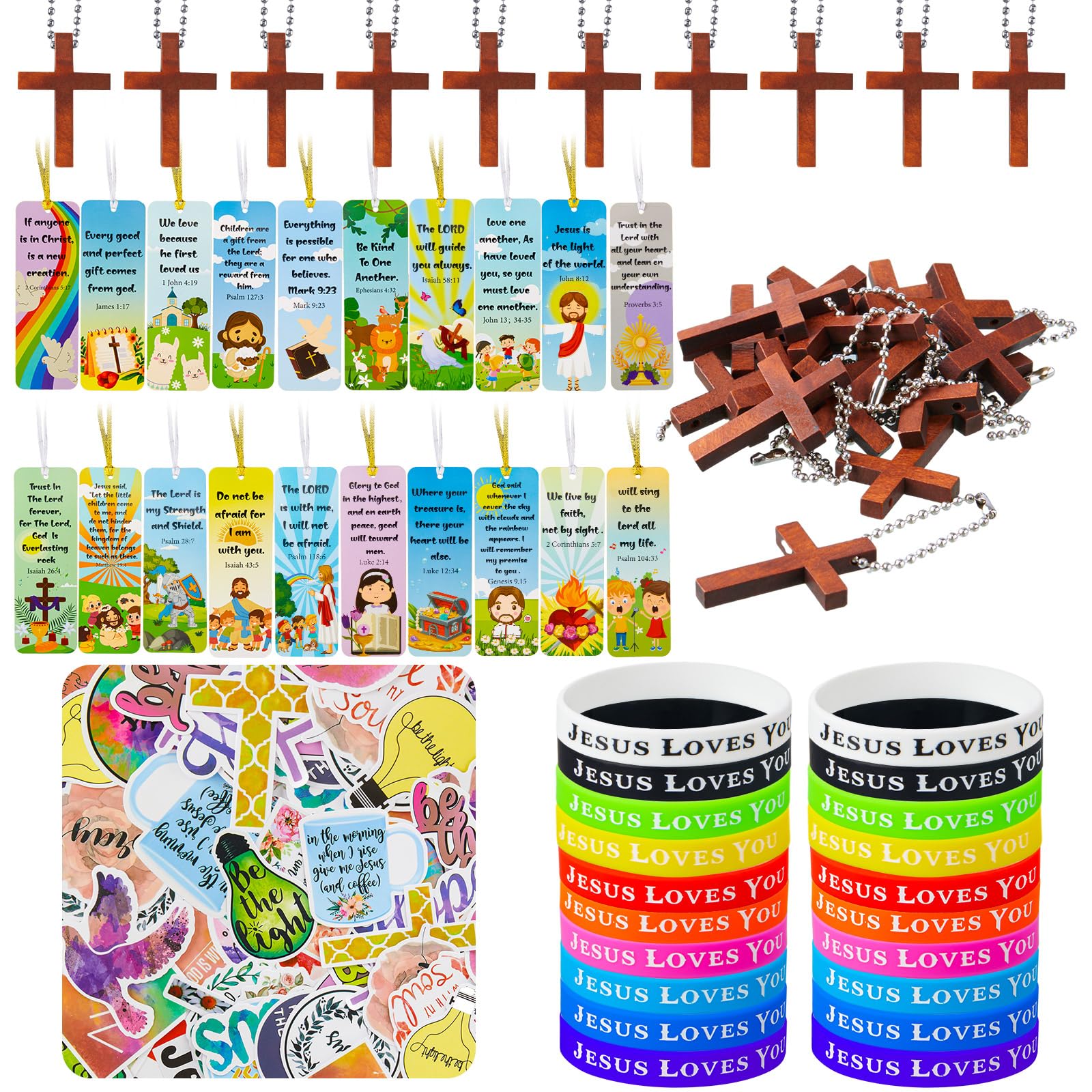 Cholemy 160 Pcs Christian Party Favor Include 20 Silicone Wristband 20 Bible Verse Bookmark 20 Jesus Keychain 100 Religious Stic