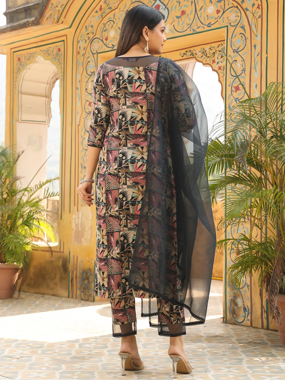 Anni Designer Women'S Rayon Blend Printed Straight Kurta With Pant & Dupatta (Keech Black_S_Black_Small),Black,S,Rayon Blend,Classic,