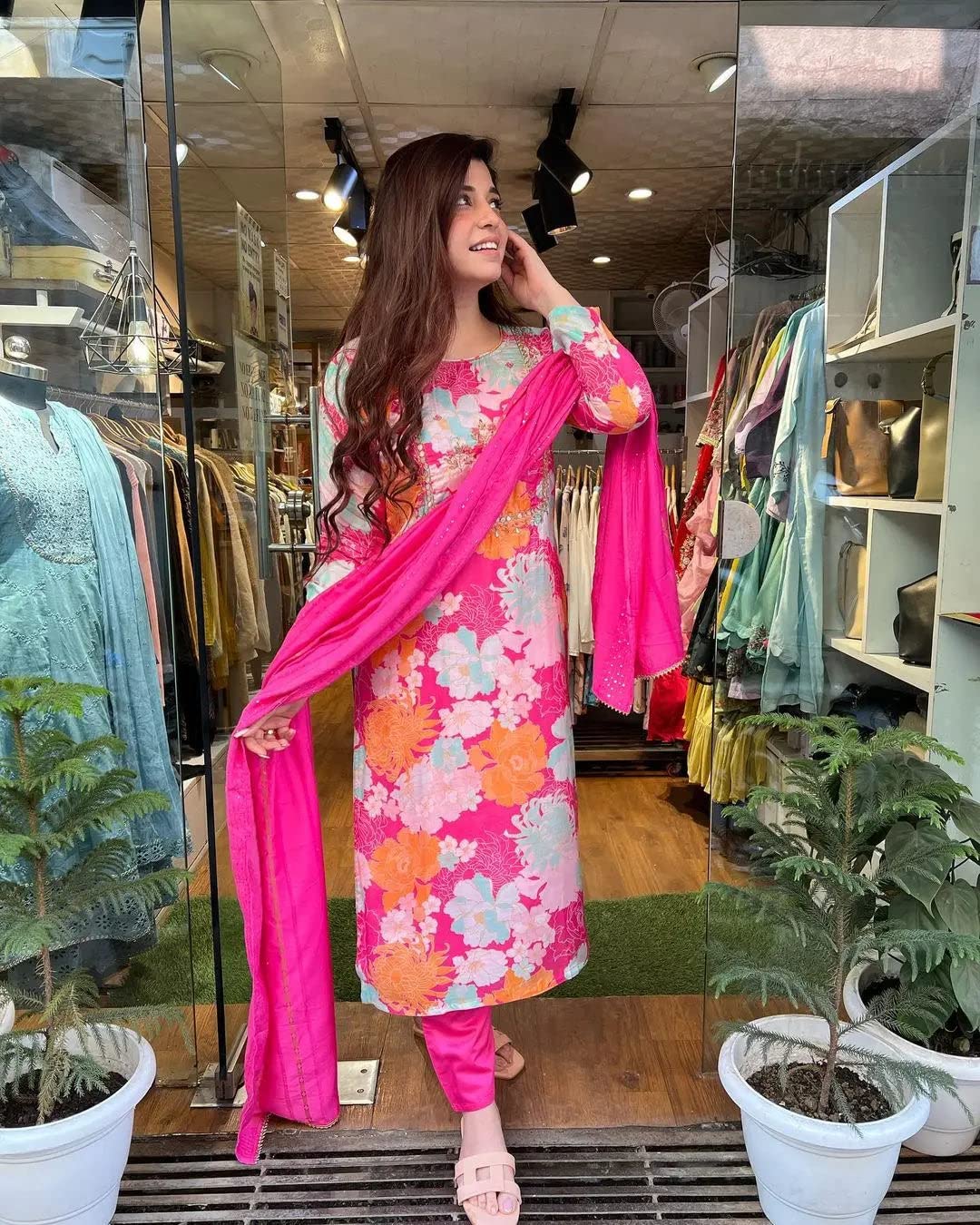 Anni Designer Women'S Cotton Blend Embroidered Floral Printed Straight Kurta With Pant & Dupatta (Litup-Pink_Xl_Pink_X-Large),Pink,XL,Cotton Blend,Regular,Dupatta
