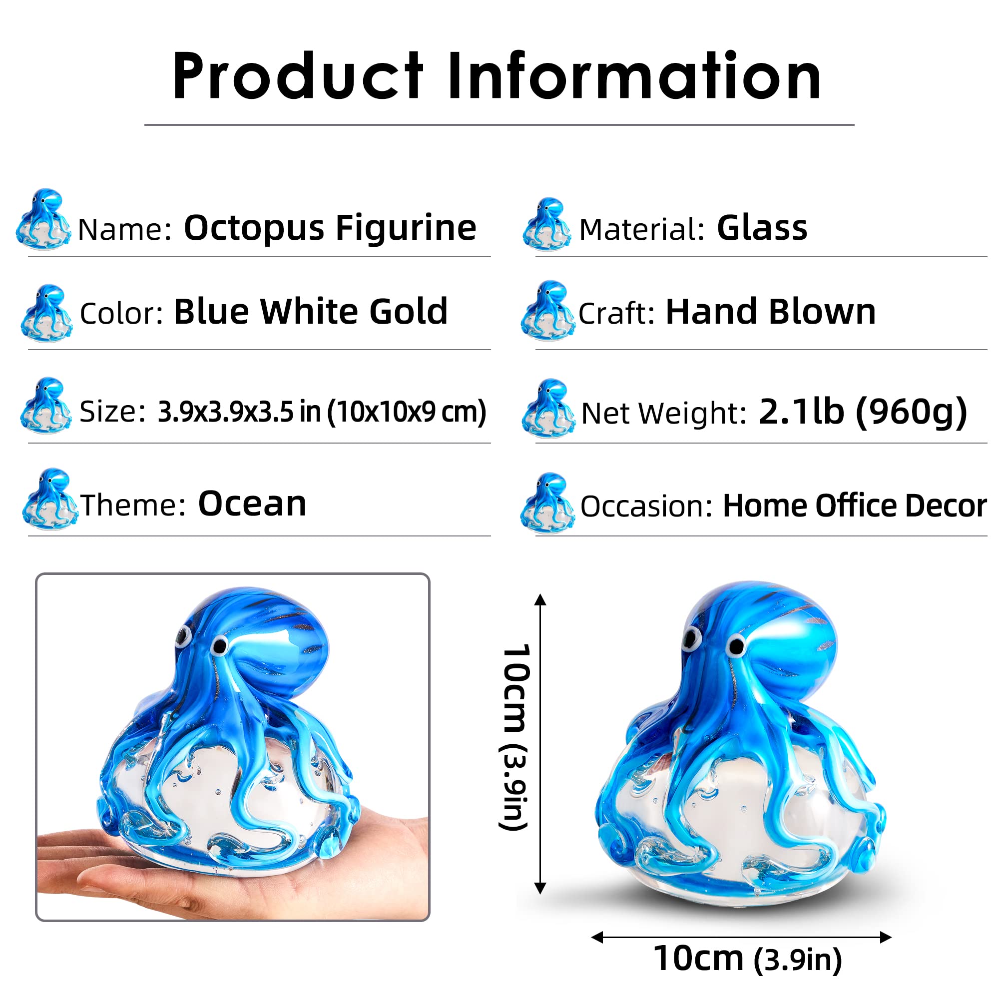 EUSTUMA Hand Blown Glass Octopus Figurine Ornament,Sea Animal Ornament for Fish Tank Aquarium,Sea Animals Collection for Birthda