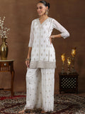 Libas Womens Embroidered Georgette Straight Kurta With Palazzos And Dupatta White 2Xl