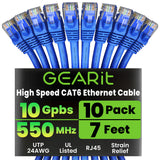 GearIT Cat 6 Ethernet Cable Pack - 10-Pack 7 ft Cat6 Ethernet Patch Cables | RJ45 Network Patch Cable, 10 Gbps Snagless Gold-Pla