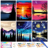 TINY FUN 6PC Paint by Number Kit for Adults DIY Oil Painting Kit 12x16 Inch Unframed Canvas, Nature Landscape Art Beginner Frien