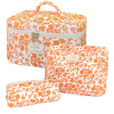 WYJ Orange Large Quilted Floral Makeup Bag Set of 3 Cute Coquette Aesthetic Cosmetic Bag Set Travel Toiletry Bag for Women