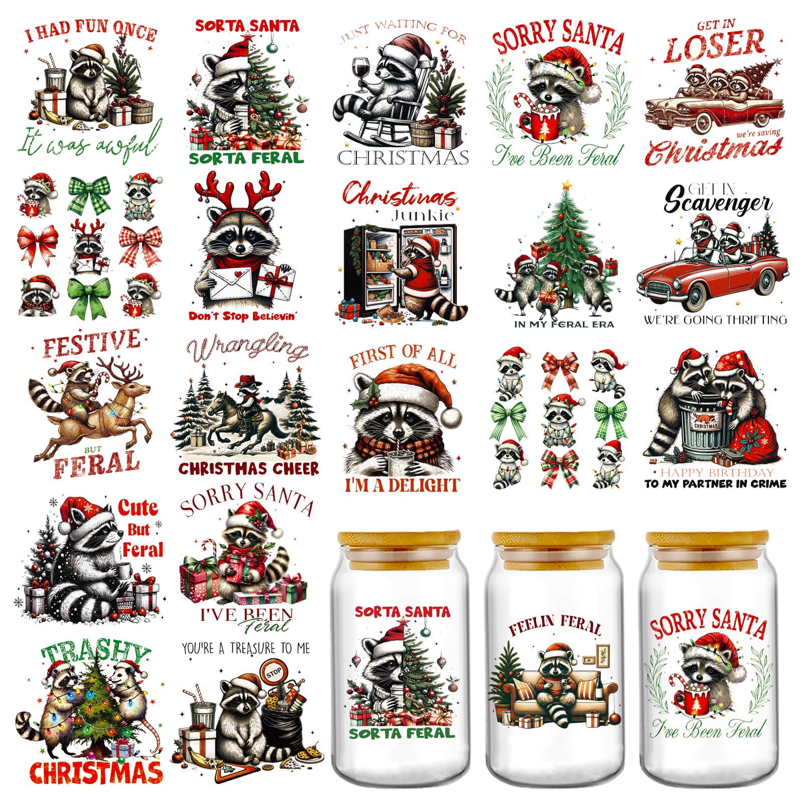 Christmas UV DTF Cup Wraps - 20 Sheets Vintage Christmas Tree Cute Raccoon UV DTF Cup Wrap for 16 oz Water Bottle, Merry Xmas Tr