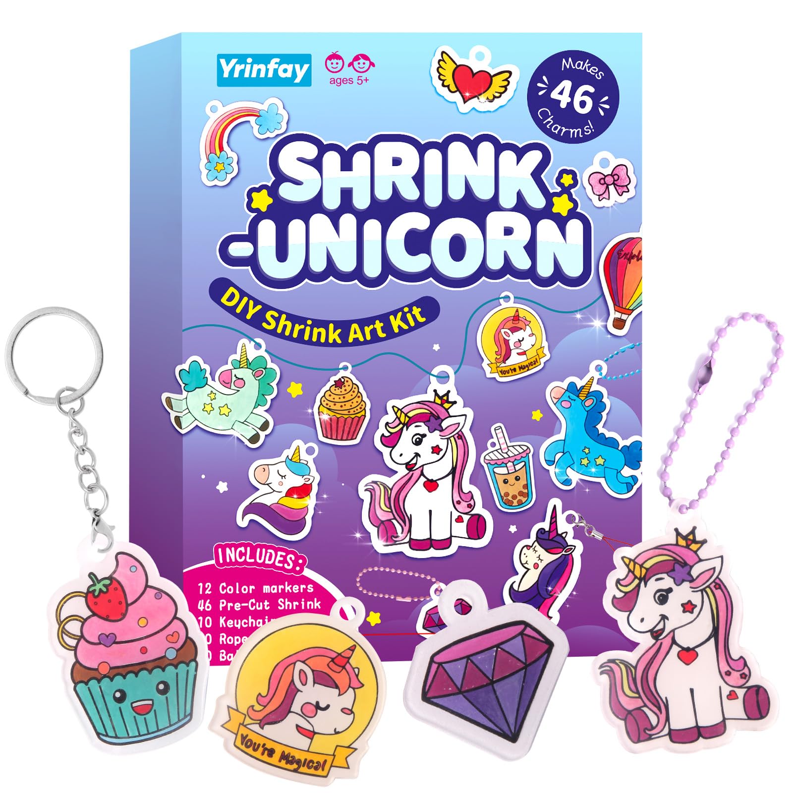 Yrinfay 89PC DIY Unicorn Shrinking Plastic Art Kit - 46 Pre-Cut Shapes, 12 Markers & Accessories - Make Charms, Keychains & Tags