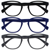 OPULIZE POP Reading Glasses for Women Men,Scratch Resistant Round Matt Frame with Spring Hinges, Black, Blue, Grey +2.50 (Pack o
