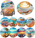 Ekuxom 8 pcs Beach Diamond Art Coasters Kits with Holder, DIY Ocean Diamond Painting Coasters, Non Slip Coaster Crafts Kits for 