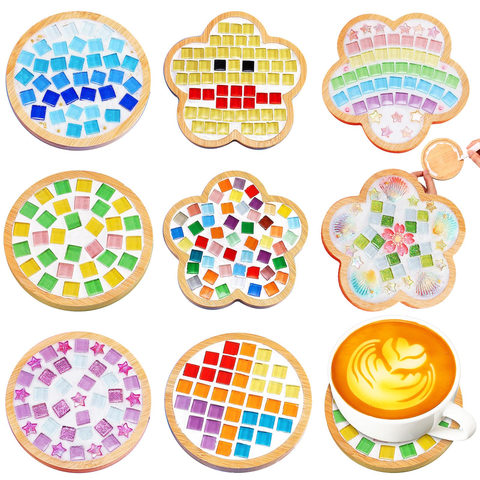 Reallnaive 8 Sets Christmas DIY Mosaic Tiles for Crafts Mixed Color Glass Mosaic Kits Xmas DIY Coasters Kit Make Your Own Staine