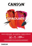 CANSON Graduate Oil and Acrylic 290gsm A3 Paper, NonWoven, Pad Glued Short Side, 20 Natural White Sheets, Ideal for Student Art