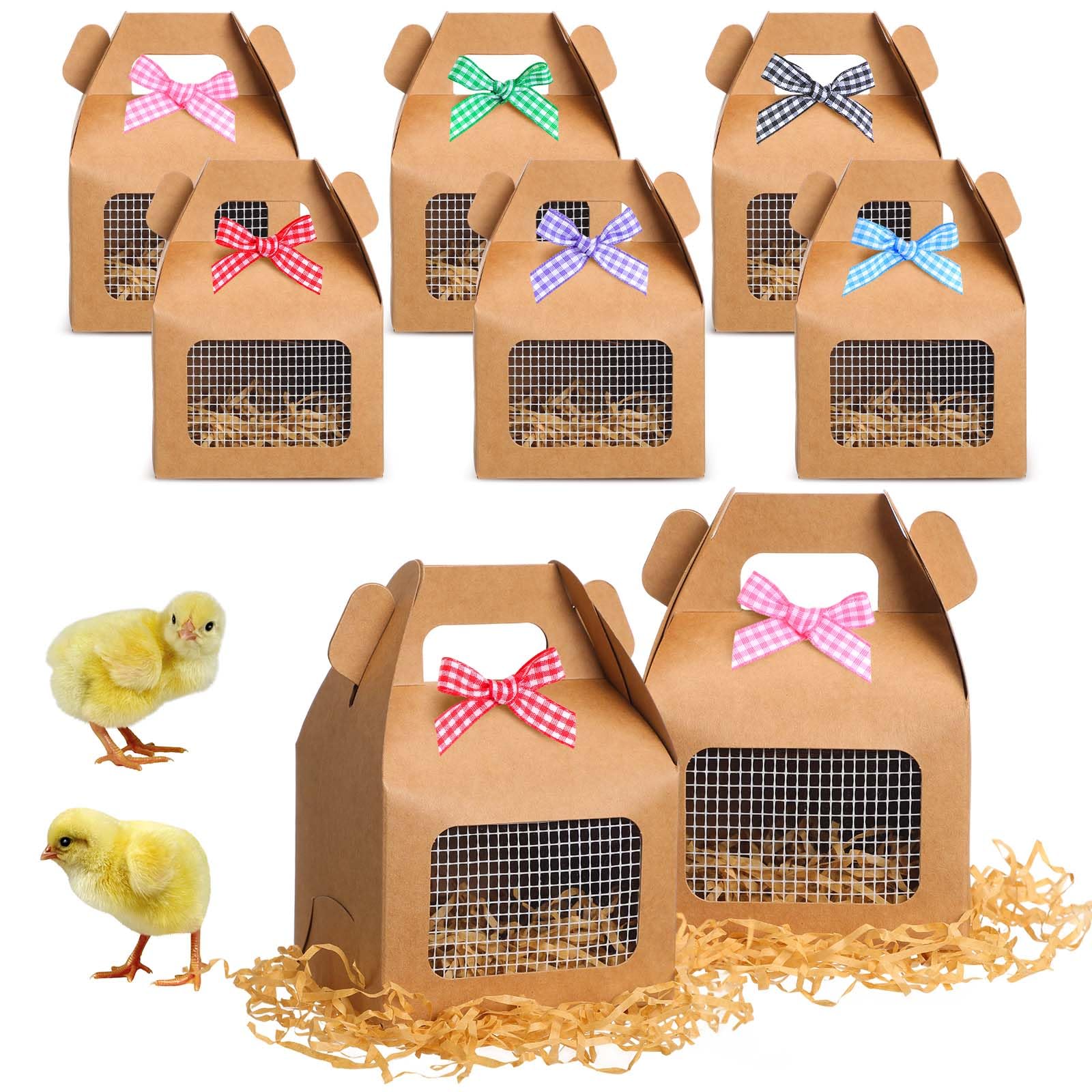 Maitys 6 Pcs Chicken Party Favor Boxes Foldable Chicken Box with Raffia Grass Bowknot Paper Straw Farm Animal Gift Treat Goodie 